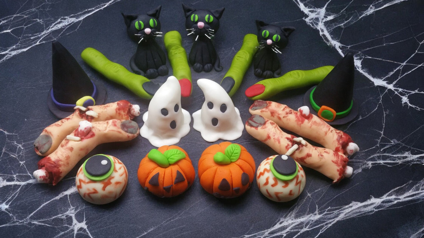 3D Spooky Scary Pumpkin Witch Cat Ghost Fingers Halloween Cupcake Cake toppers Vegan