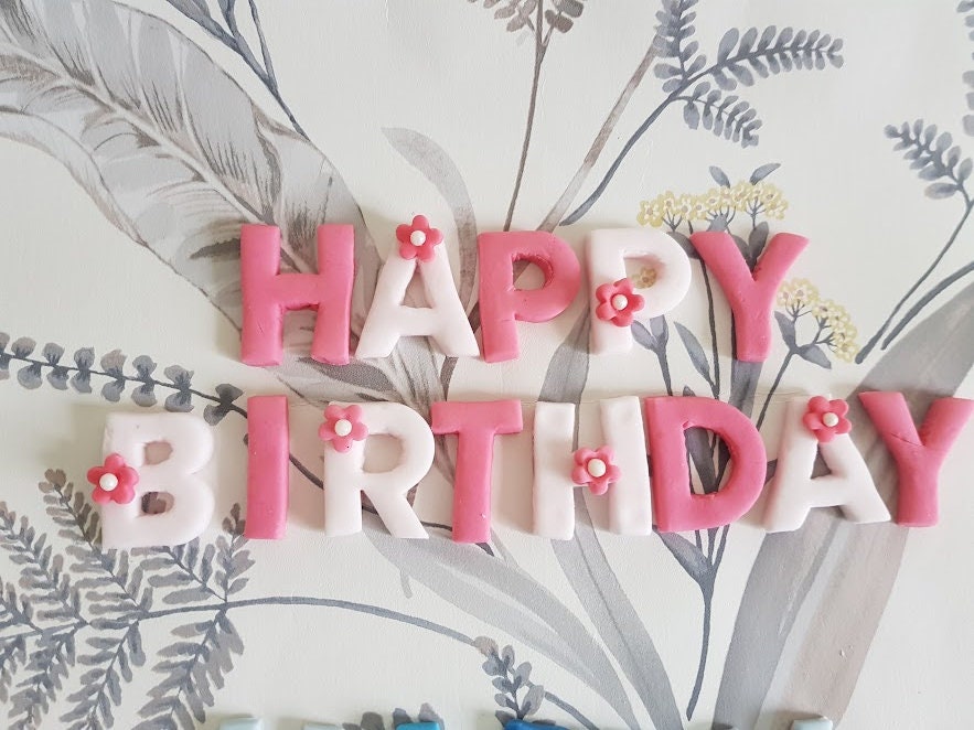 Edible fondant rainbow, pastel, bright colourful wording Happy Birthday Vegan