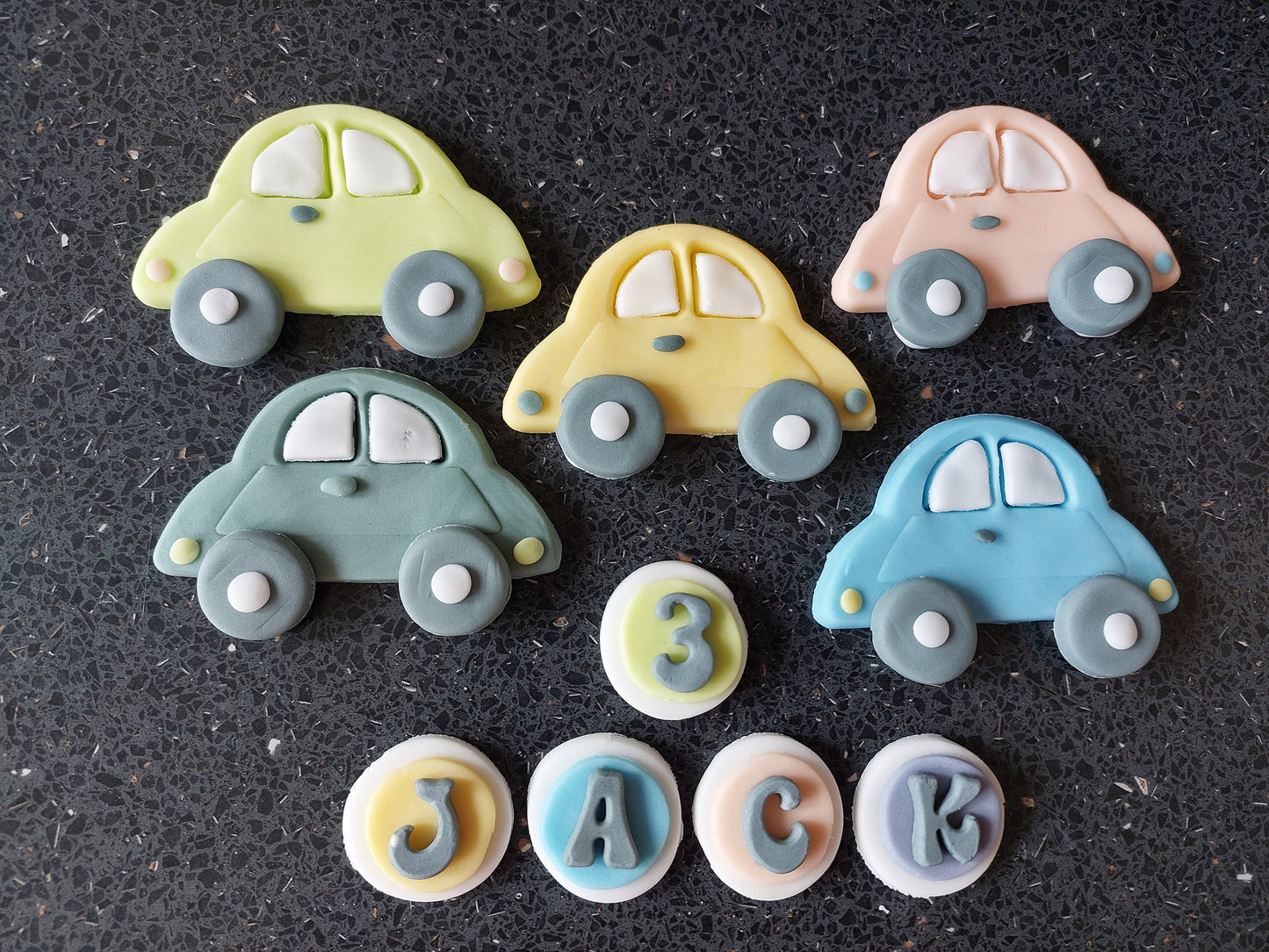 2d edible fondant pastel coloured themed car cake toppers Vegan