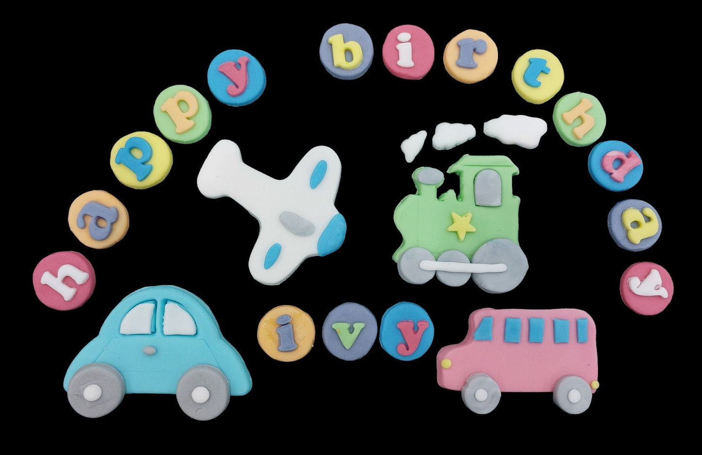 2d Bright edible fondant car/ train/ bus/ plane cake toppers Vegan