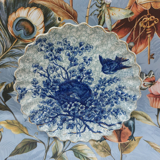 Stunning Antique Chinoiserie Flow Plate with a Bird & Nest Design, Gold Gilt Rim