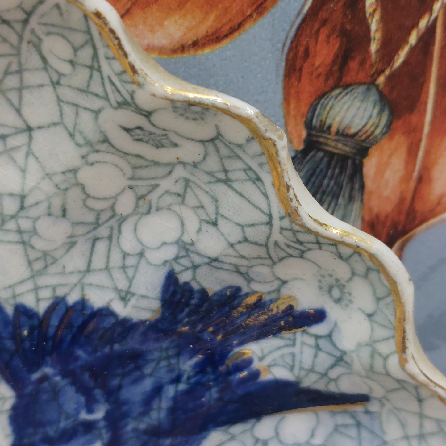 Stunning Antique Chinoiserie Flow Plate with a Bird & Nest Design, Gold Gilt Rim