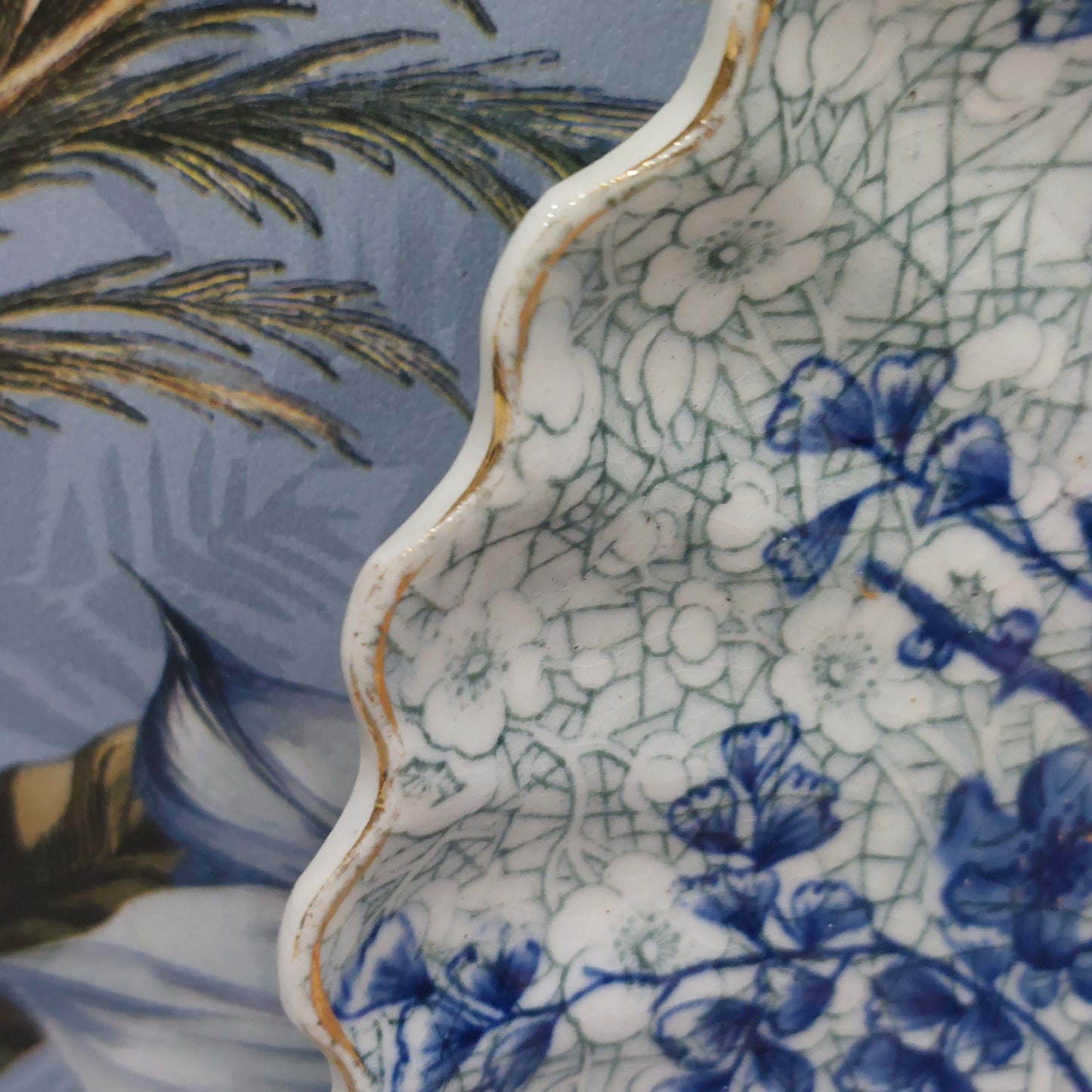 Stunning Antique Chinoiserie Flow Plate with a Bird & Nest Design, Gold Gilt Rim