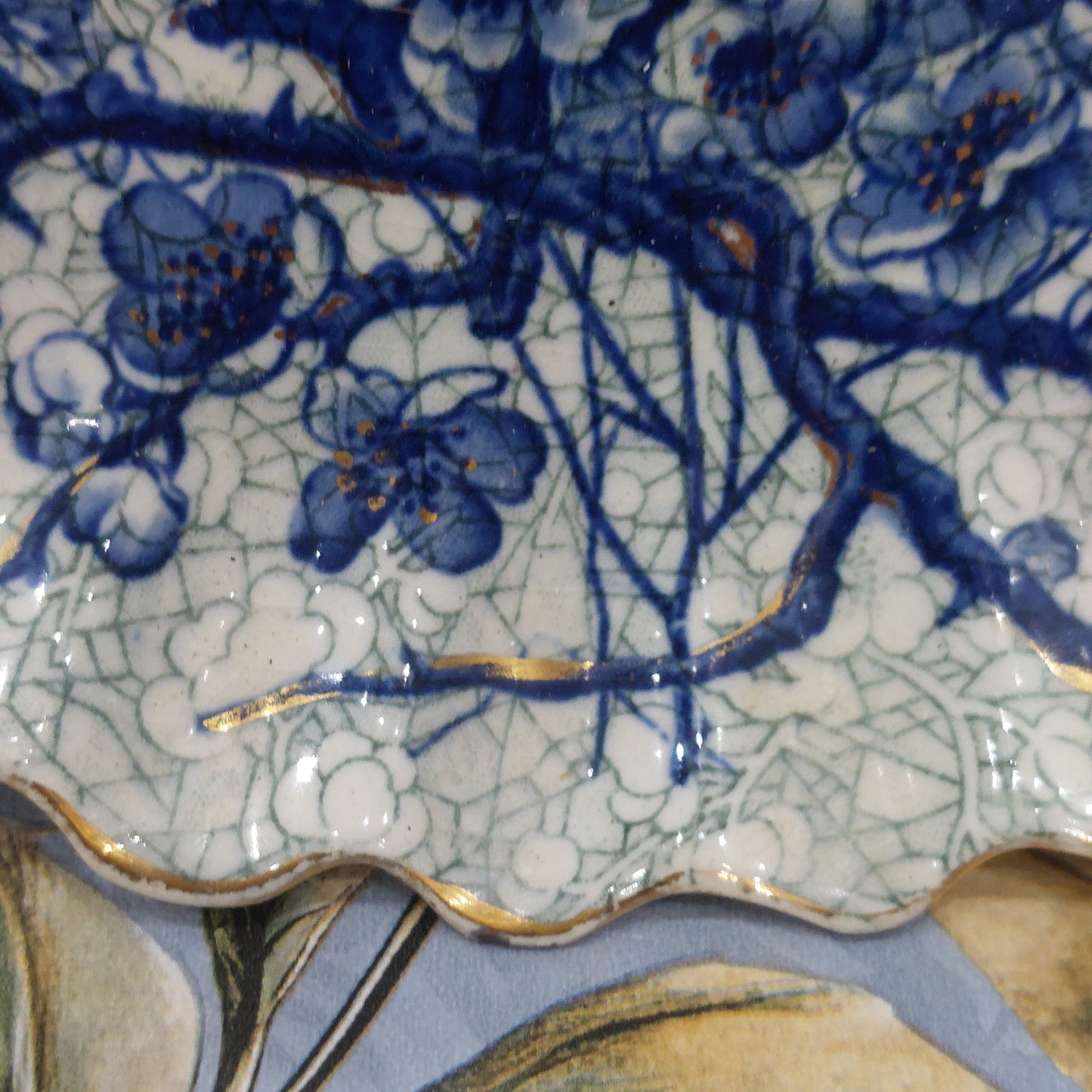 Stunning Antique Chinoiserie Flow Plate with a Bird & Nest Design, Gold Gilt Rim