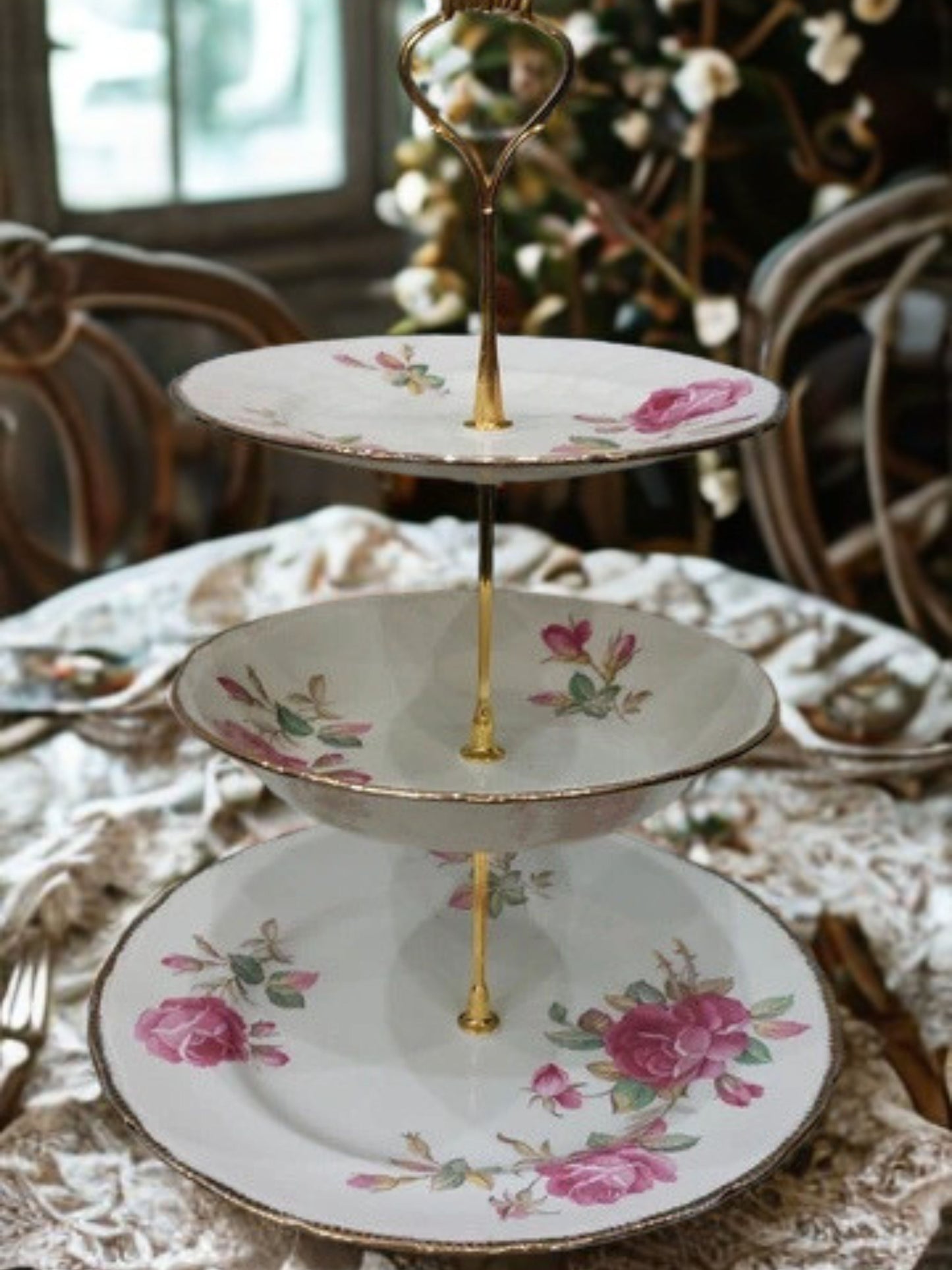 Vintage Royal Swan Pink Rose 2/3 tiered Cake stand