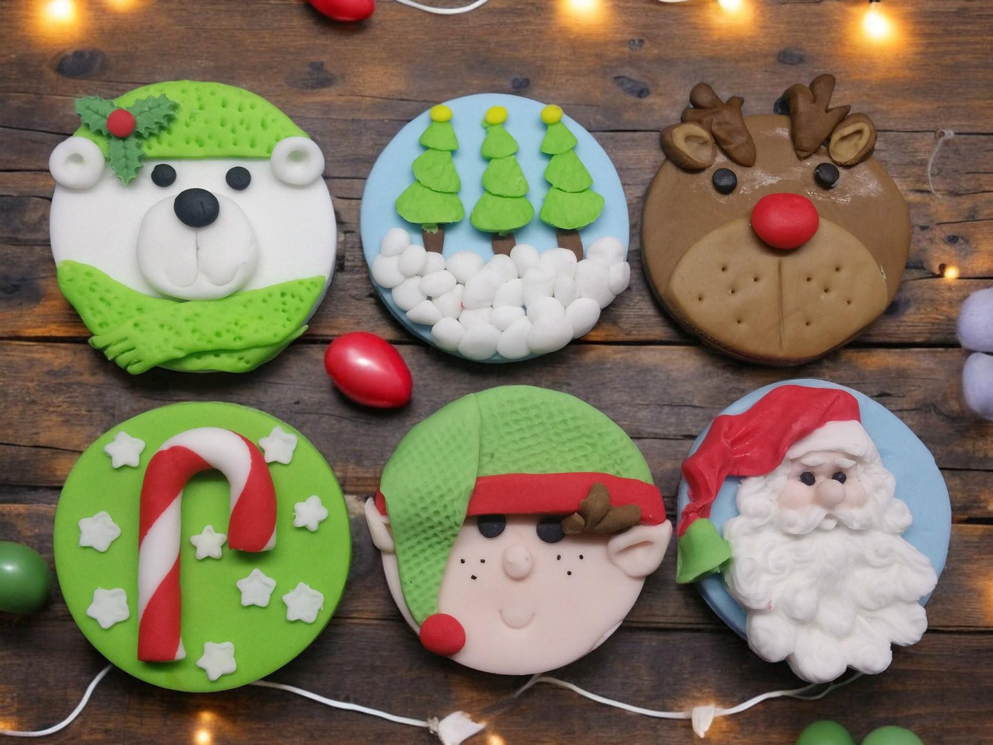 6 Festive Fondant Christmas Cupcake toppers Vegan