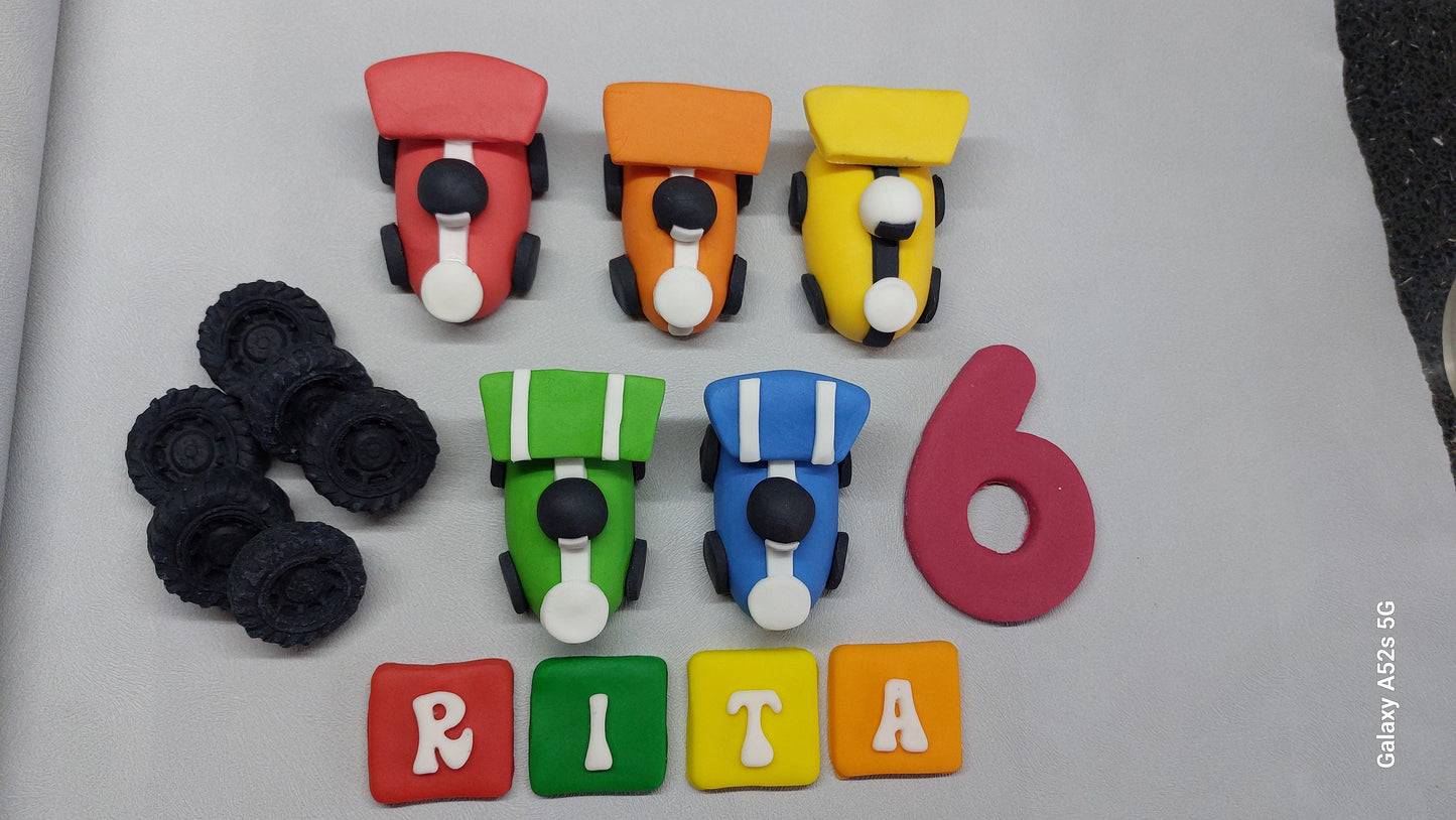 Racing cars sugar paste cake toppers. Edible personalised birthday fondant cake topper set. Handmade birthday decoration Vegan