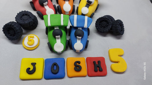 Racing cars sugar paste cake toppers. Edible personalised birthday fondant cake topper set. Handmade birthday decoration Vegan